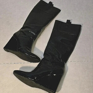 J Vincent Patent Leather Hidden‎ Wedge Black Grunge,Goth Knee High Boots SZ 9M